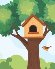 A charming wooden birdhouse perched in a lush green tree, with a small bird perched nearby.