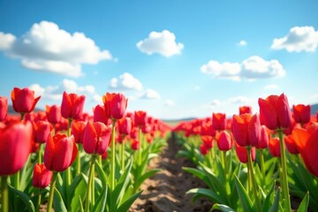 fresh tulip fields in a bright sunny landscape with gentle breeze and clear blue sky, spring, sky, s