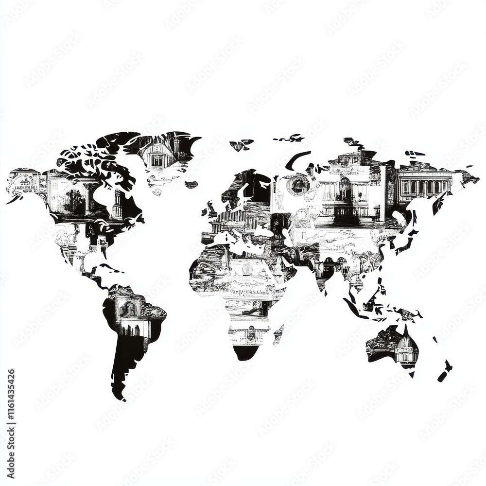 Artistic black and white world map highlighting iconic landmarks and ...