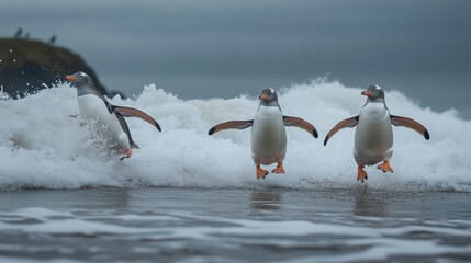 Wall Mural - three gentoo penguins playfully running through ocean waves on a beach.