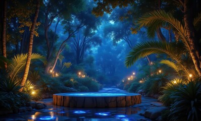 Poster - Mystical blue forest with glowing pond