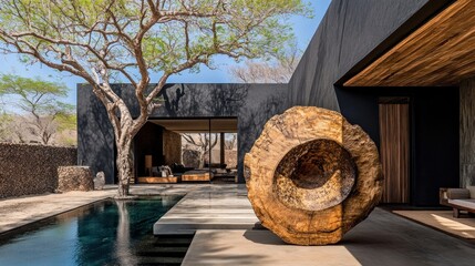 Wall Mural - Modern minimalist home with pool, sculpture, and tree.