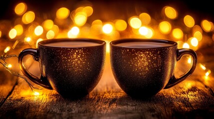 Wall Mural - Two Mugs, Cozy Atmosphere Steaming Drinks and Glowing String Lights on a Rustic Wooden Table.