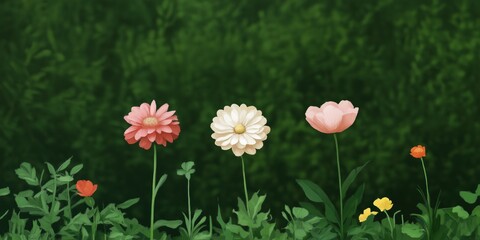 Canvas Print - A row of flowers with a green background. The flowers are pink and white