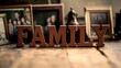 © milenialdesastudio - Wooden FAMILY word sign on table with vintage family photos.