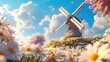 © milenialdesastudio - Sunny spring day, windmill in daisy field.
