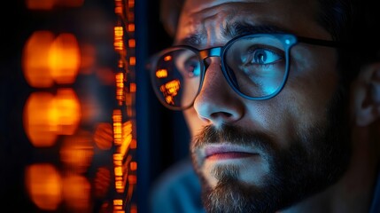 A man with glasses is looking at a computer screen with a blurry background