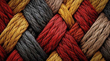Close-up of colorful woven texture with red, yellow, gray, and brown strands.