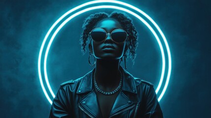 Wall Mural - Stylish woman in sunglasses and leather jacket, posed against a neon blue circle background.