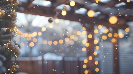 Wall Mural - A blurry bokeh background enhanced by snowy decorations, creating a festive atmosphere