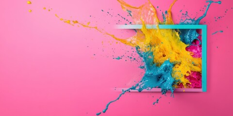 Wall Mural - experience a dynamic paint splash captured within a colorful frame set against a pink background
