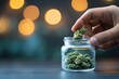 © Konstiantyn Zapylaie - Hand holding cannabis bud over glass jar with blurred lights in background