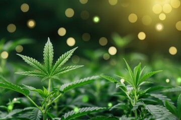 Wall Mural - Lush green cannabis plants with dreamy bokeh lights