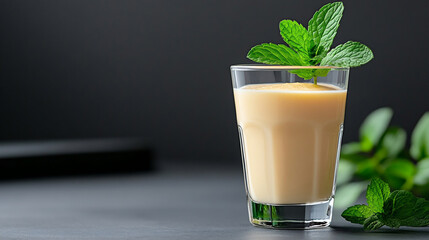 Refreshing cream jar filled with luscious mint-infused smoothie from a trendy cafe at twilight