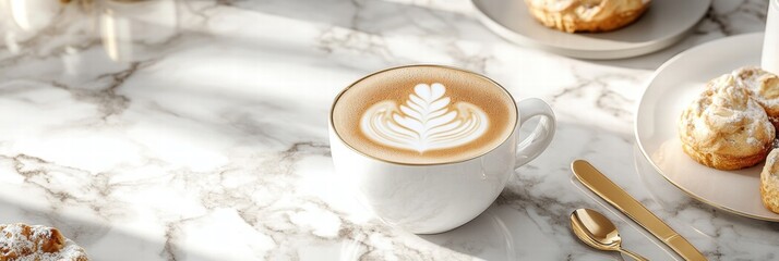 Aufkleber - Premium cup of coffee featuring intricate latte art served on a marble table beside delicious pastries in a cozy cafe setting. Generative AI