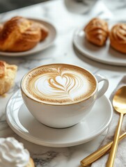Poster - Enjoying a premium cup of coffee with intricate latte art alongside fresh pastries in a cozy café. Generative AI