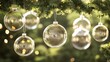 © afif - Transparent glass ornaments hanging on a Christmas tree.