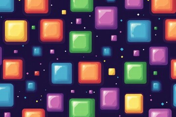 Poster - Seamless pixel art pattern featuring colorful geometric shapes on a dark background suitable for various design projects. Generative AI