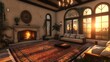 © afif - Sunlit living room with fireplace, rug, and arched windows.