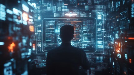 Programmer working on digital code, data, and futuristic technology.