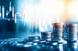© 3M - Stock Market Trading : Digital Graph, Stock Chart - Stacks of coins and a graph chart depicting stock market growth on a blue background,