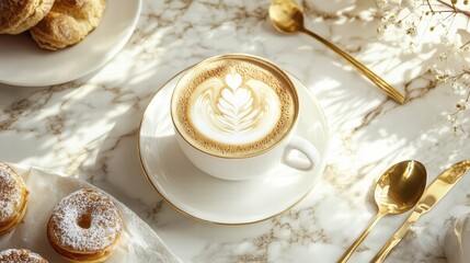 Aufkleber - Premium coffee cup with intricate latte art and delicious pastries on a marble table. Generative AI