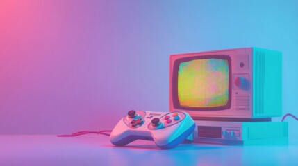Poster - Retro gaming console and controller create nostalgic atmosphere in colorful lighting. Generative AI