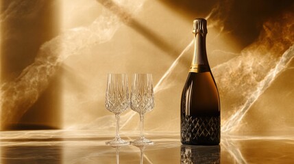 Aufkleber - Premium champagne alongside two elegant crystal flutes set on a marble surface with a warm golden light backdrop. Generative AI