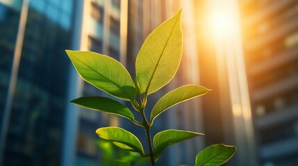 Wall Mural - Green sprout growing in front of city buildings at sunrise.