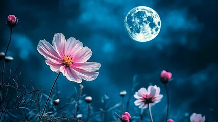 Wall Mural - Flowers glow softly under the full moon in a serene night garden setting