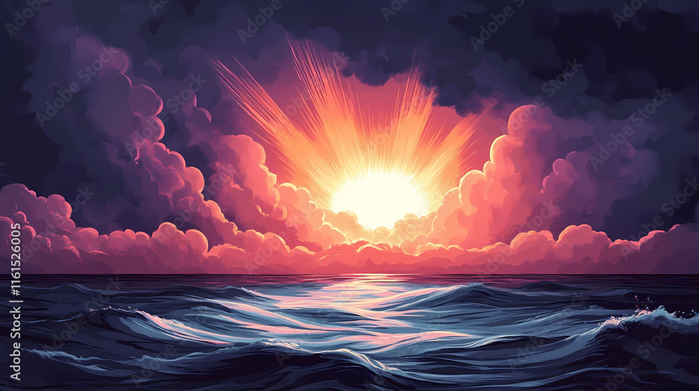 Sun rays breaking through dark storm clouds over the ocean, dramatic ...