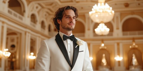 A well-dressed man in a stylish tuxedo stands confidently in an elegant ballroom, surrounded by luxurious decor and chandeliers.