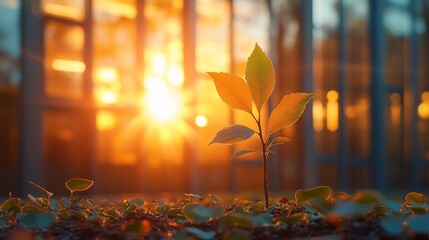 Wall Mural - Sunrise illuminating a young plant sprout.