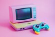 © Анатолий Сав - Retro gaming console with colorful design on pink background showing nostalgia and playful vibes. Generative AI