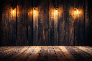 Wall Mural - Dark rustic wooden wall with lamps and floor.