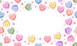 © Katsiaryna Hatsak - Frame with sweet heart candy. Sweetheart candies background, conversation sweets for valentines day, valentine sugar food hearts. Heart shape message letter candy background