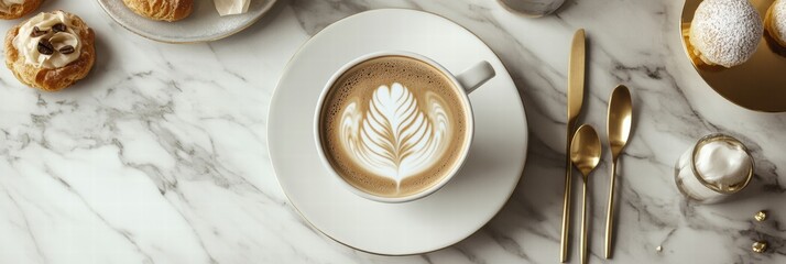 Aufkleber - Premium coffee with intricate latte art served on elegant marble table beside pastries in cozy cafe setting. Generative AI