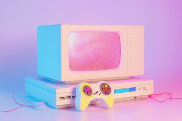 Leinwandbilder - Retro gaming console with a colorful design on display in a creative setup for nostalgic gaming enthusiasts. Generative AI