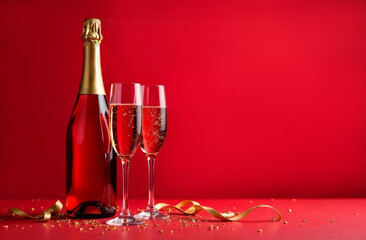 A bottle of champagne with a gold label, two glasses side by side on a red background, a Valentines Day card, copy space