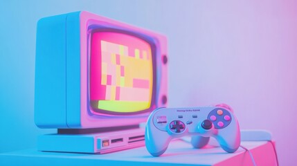 Leinwandbilder - Retro gaming console with a colorful screen and controller set in a nostalgic environment. Generative AI