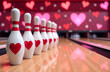 © Ksu - Bowling pins standing in a row with little red hearts on them on a lane with a alley decorated for Valentine's Day in the background, copy space