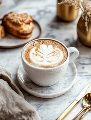 Leinwandbilder - Enjoying a premium cup of coffee with intricate latte art in a cozy café setting early in the morning. Generative AI