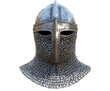 © Angelo - A detailed medieval knight's helmet with chainmail, conveying strength and historical significance. Isolated on transparent white background, png