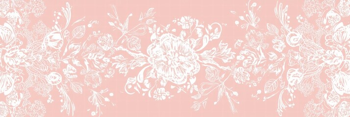 Poster - Lace inspired seamless pattern with floral elements on soft pink background for elegant designs. Generative AI
