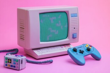 Leinwandbilder - Retro gaming console setup with colorful screen and controllers on pink background in a playful environment. Generative AI
