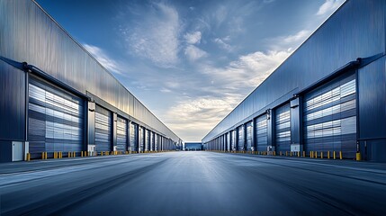 Aufkleber - Symmetrical Modern Warehouse Architecture under a Blue Sky with Clouds : Generative AI