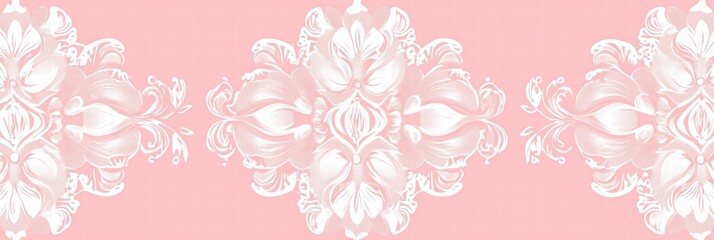 Poster - Lace inspired seamless pattern on a soft pink background featuring ornate floral designs with intricate details. Generative AI