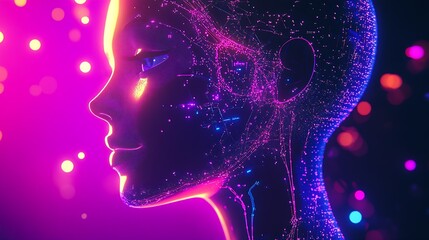 Aufkleber - Digital Neon Head with Vibrant Circuits and Bright Glowing Elements : Generative AI