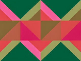 Wall Mural - A colorful abstract painting with green and pink tones. The painting is made up of triangles and squares, and it has a sense of movement and energy. The colors and shapes create a dynamic