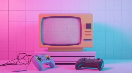 Poster - Retro gaming console displayed with colorful lighting in a nostalgic gaming setup. Generative AI